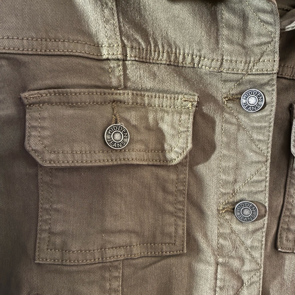 Hidden Cropped Denim Jacket Frayed Hem Olive Army Green Military EUC Small - Picture 5 of 10